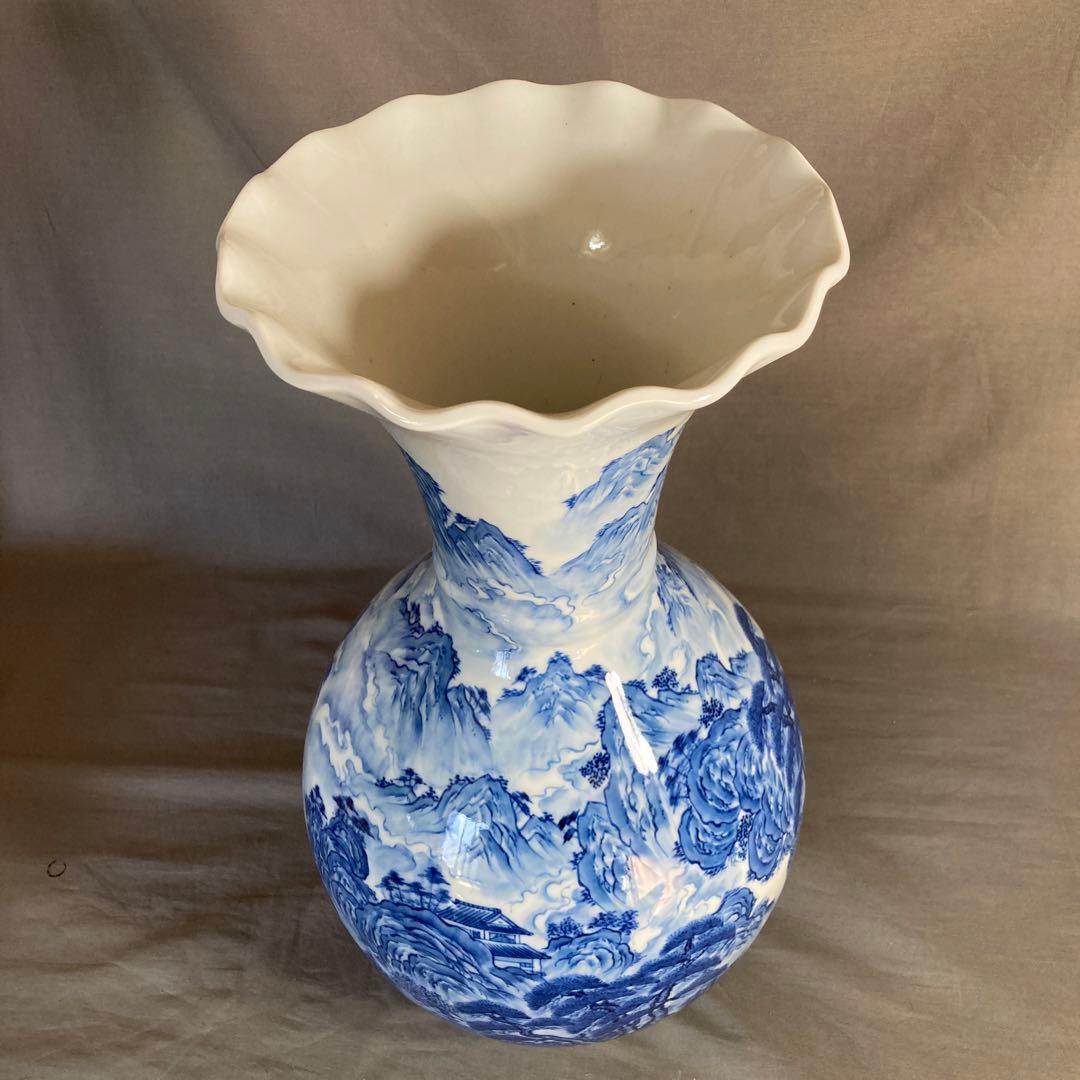 【彌左衛門】古伊万里の伝統　日本の名窯　松本彌左衛門作　染付廻り山水絵　大花瓶