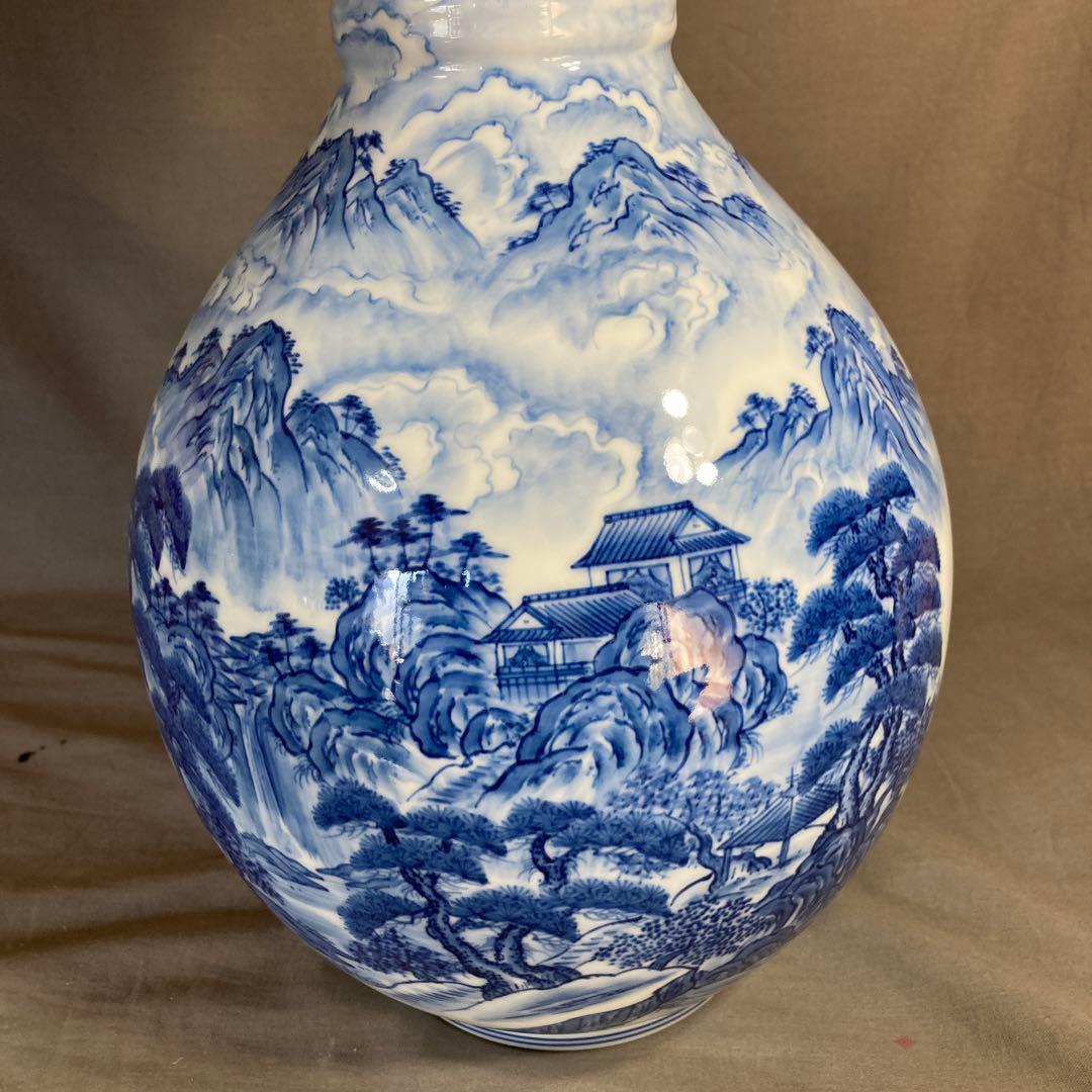 【彌左衛門】古伊万里の伝統　日本の名窯　松本彌左衛門作　染付廻り山水絵　大花瓶