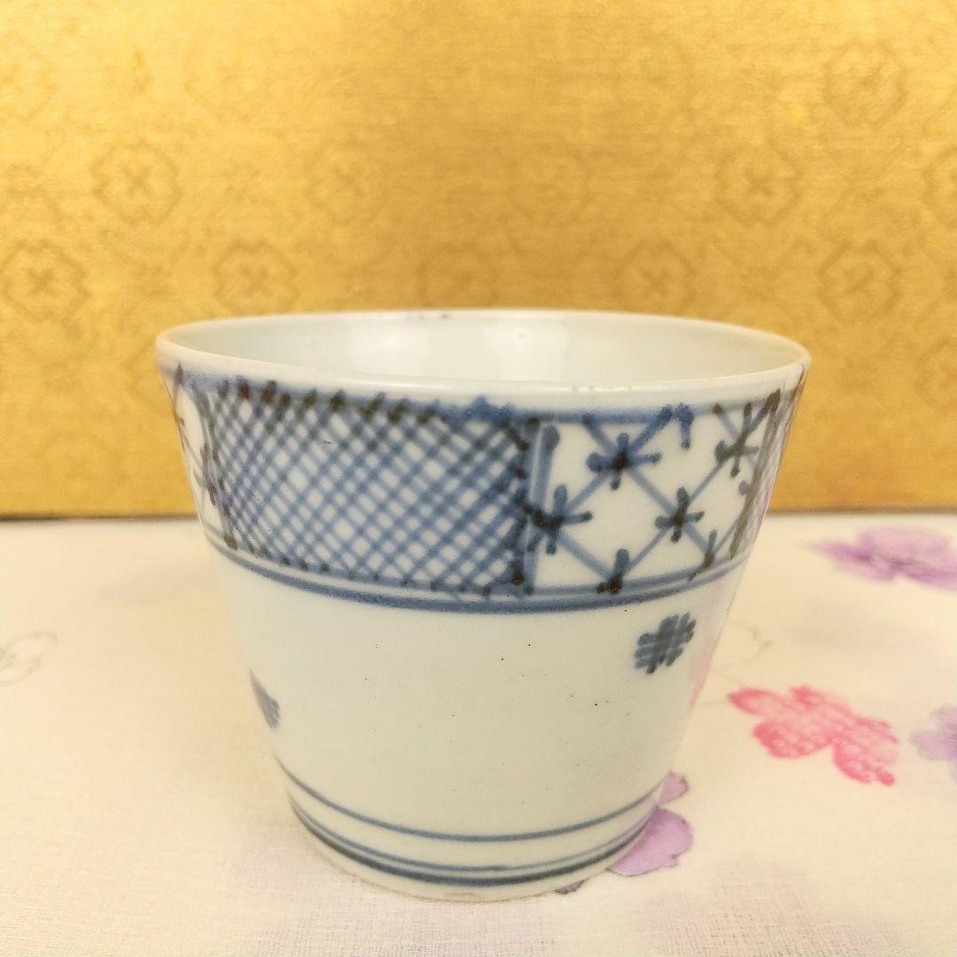 【お値下げしました！】古伊万里　そば猪口　染付　市松格子文