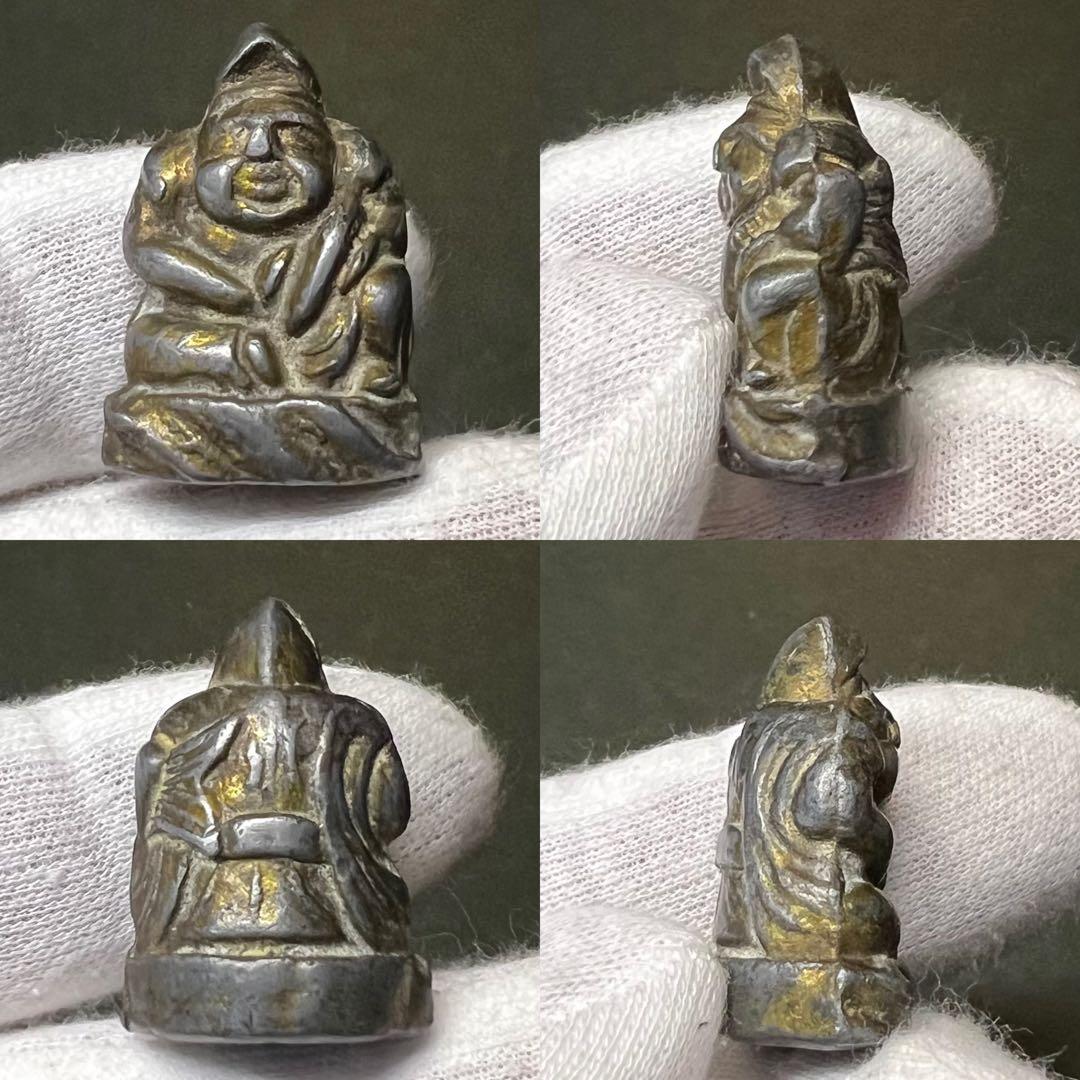 ◎古道具 庵々◎江戸時代後期 古銅製 恵比寿像 懐中仏◎神像豆仏鍍金痕有中空鋳造