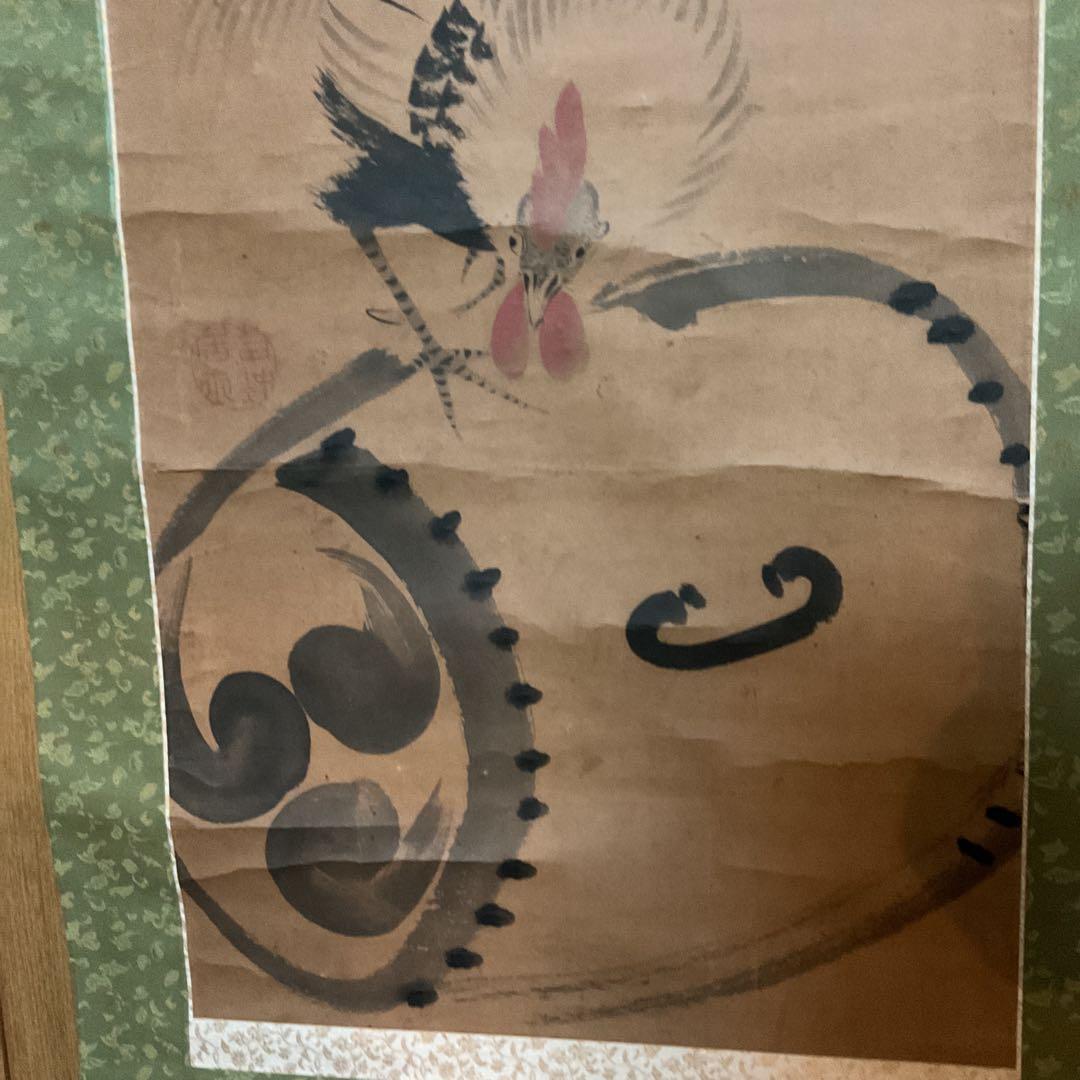 ダン吉伊藤若冲 紙本淡彩水墨画 【 鶏図 】 落款 若冲居士 落款印照合