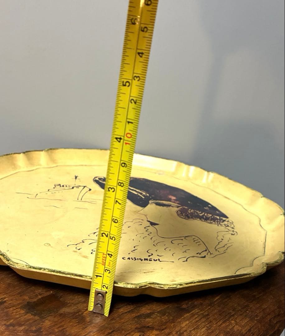 【shinobu】アンティークトレイ50年代　船と女性　金属製　横浜