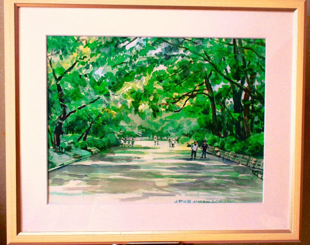 上野公園の風景 水彩画 木製フレーム付き F6サイズ