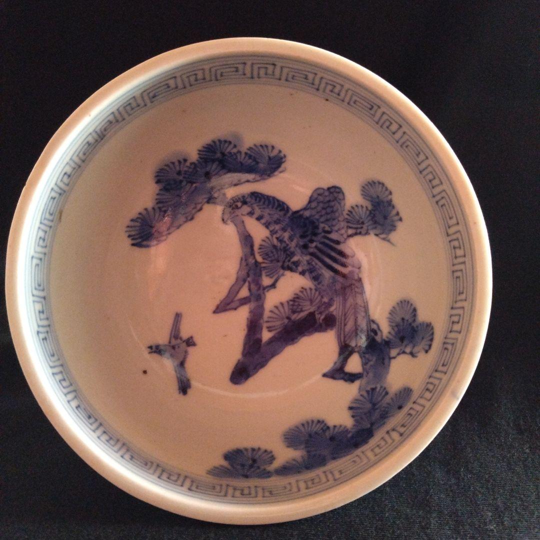 古伊万里染付松に鷹文盃洗