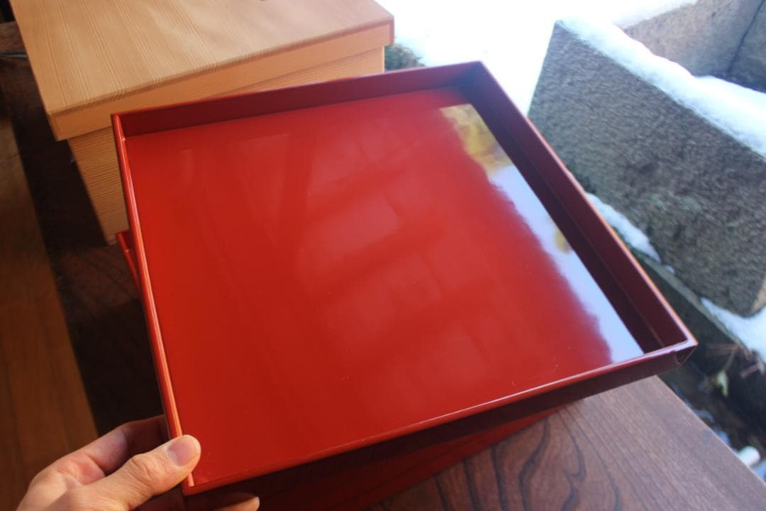 専用！！端正な隅不切デザインに極上朱漆の映える四方折敷5点（検京塗懐石道具