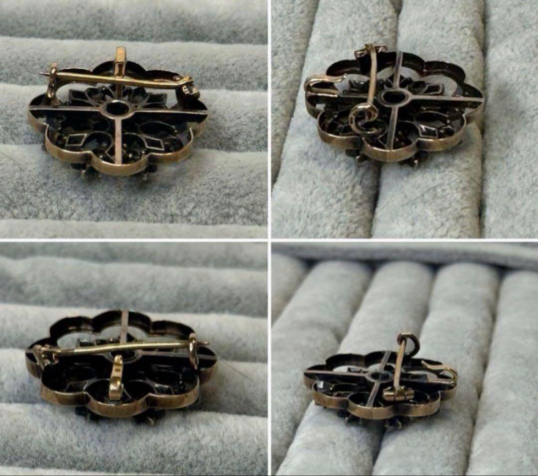 フランス　アンティーク　18金　ブローチ 花型　沢山のローズカットダイヤ。