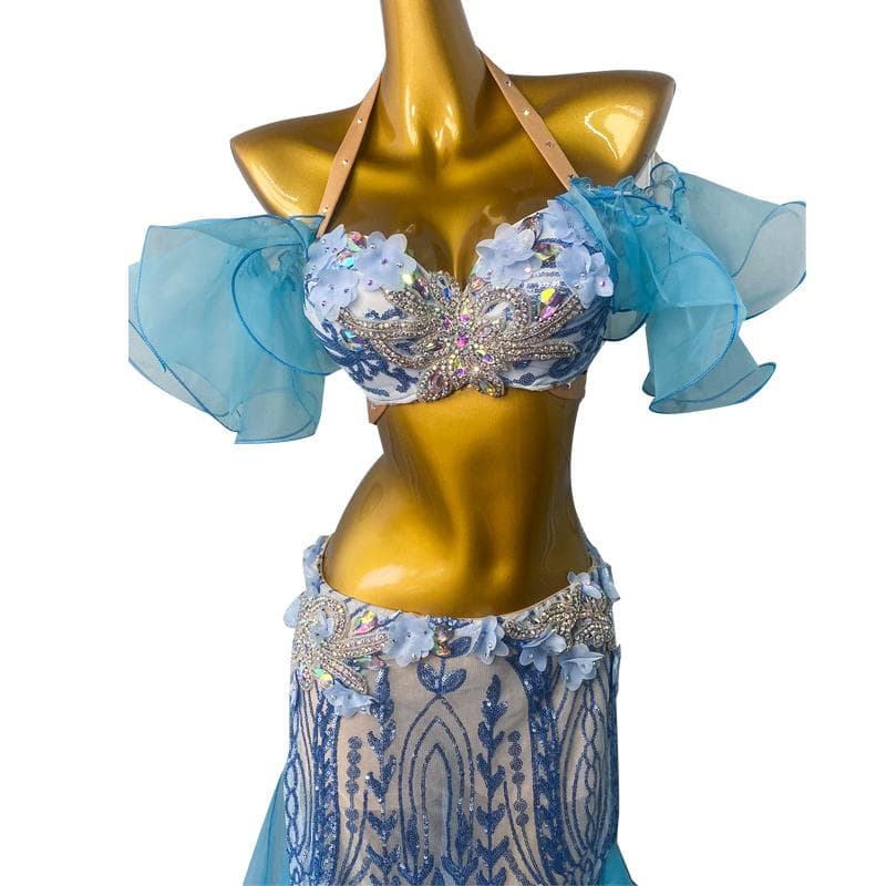 ベリーダンス衣装 ビジュー ブルー×パープル舞台用 ロングスカートセット