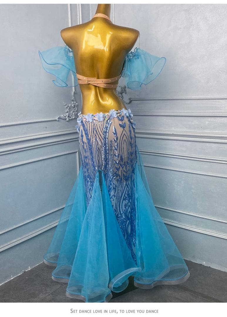 ベリーダンス衣装 ビジュー ブルー×パープル舞台用 ロングスカートセット