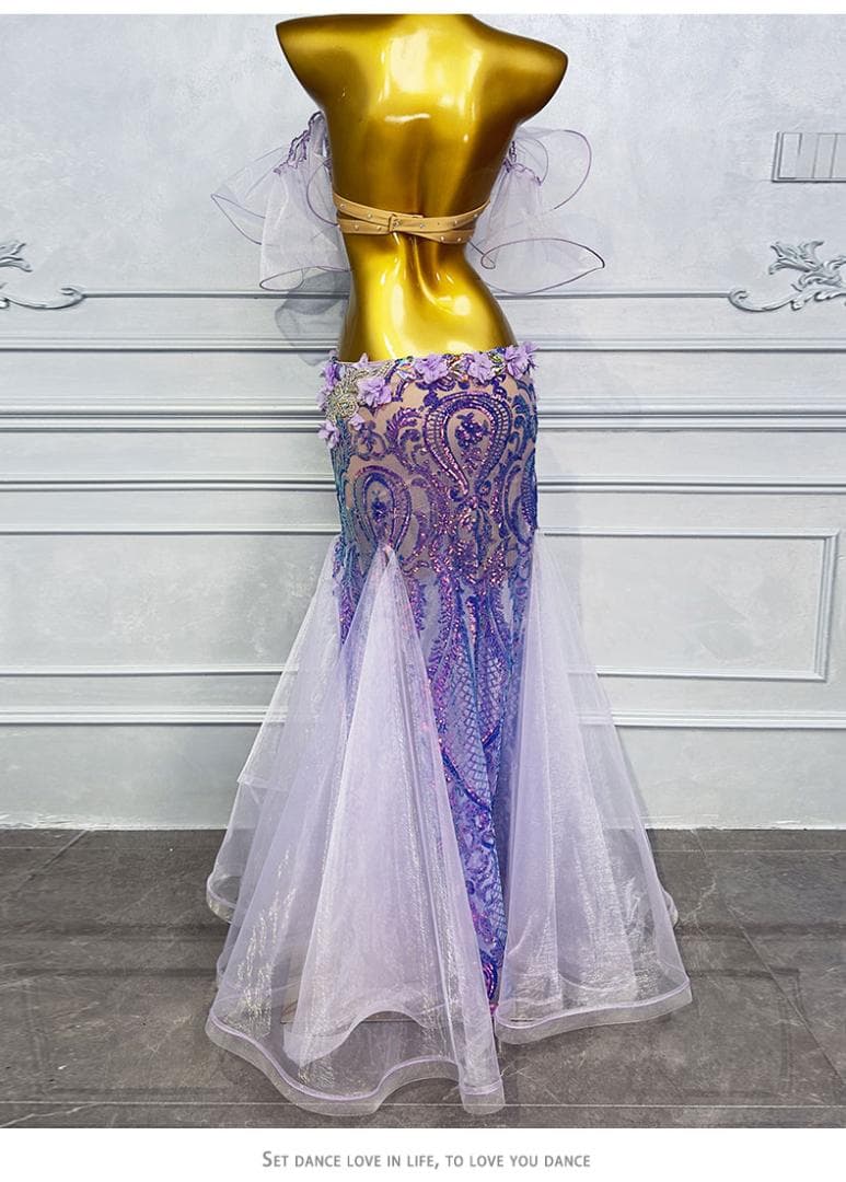 ベリーダンス衣装 ビジュー ブルー×パープル舞台用 ロングスカートセット