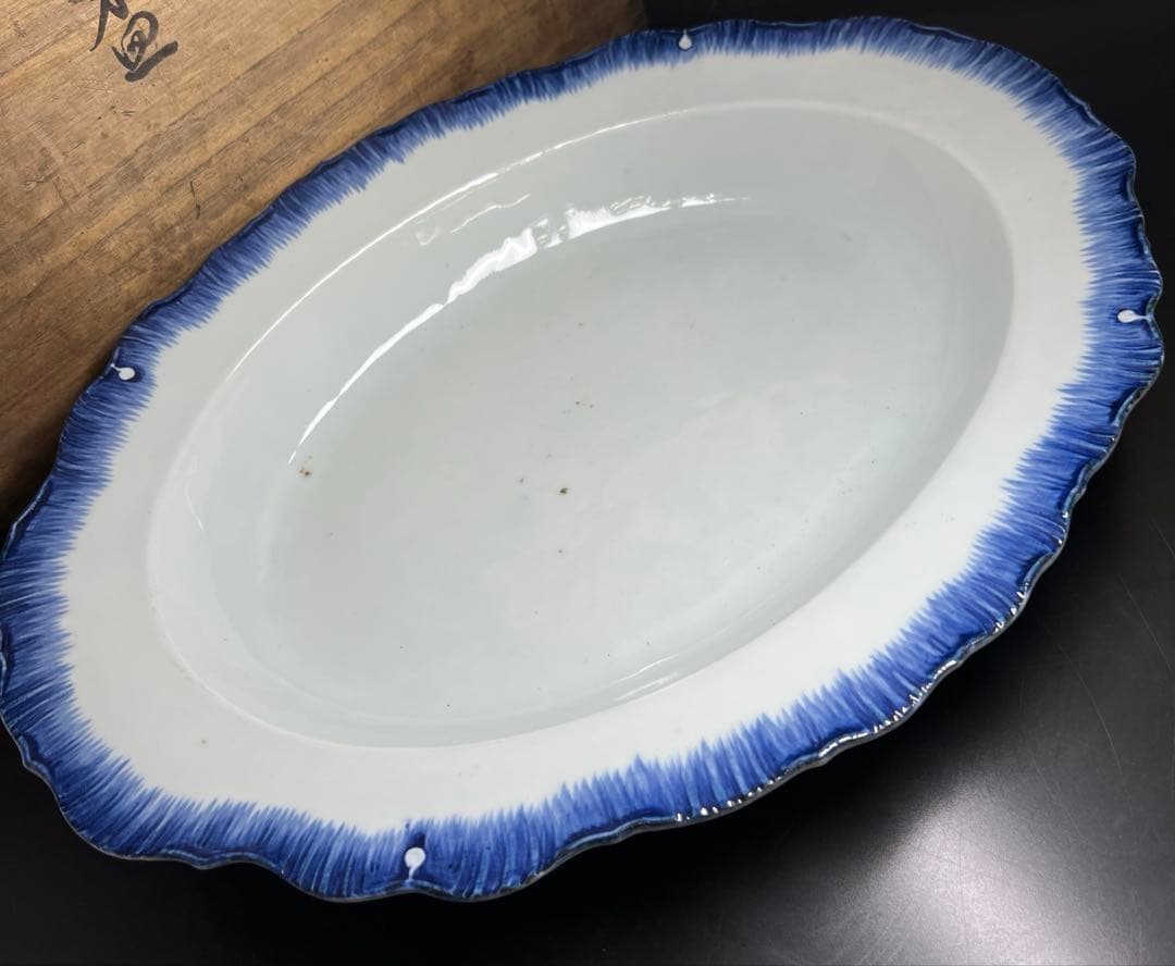 中国清朝時代　新渡青花オーバル皿　木箱付　幅約42.5㎝　東Y7-1024☆2F
