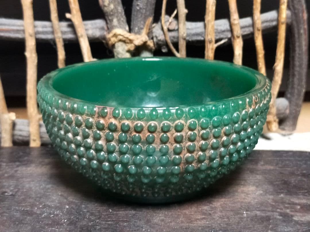 ♥翡翠風　ガラス　茶碗　桐箱付き　古玩　骨董品　中国