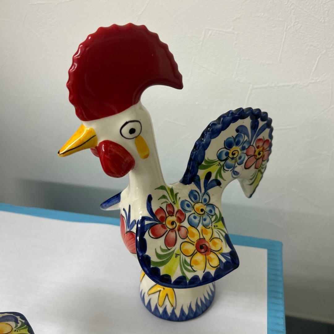 陶器 鶏の置物と皿セット