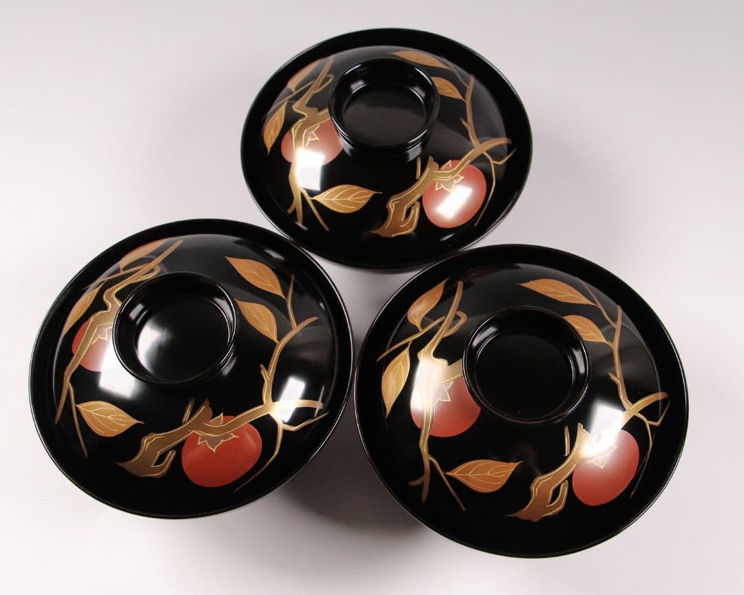 CK71 漆芸 木製漆器 輪島塗 柿蒔絵 黒塗御吸物椀 三客 / 秋 果物
