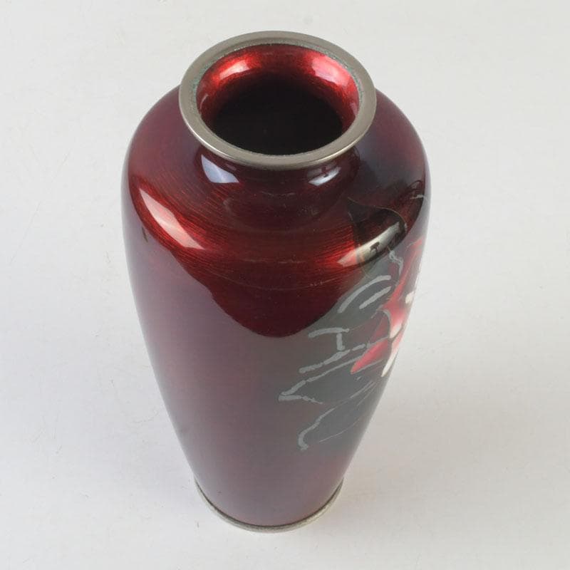 七宝焼　赤透釉　花文　花瓶　V　9900