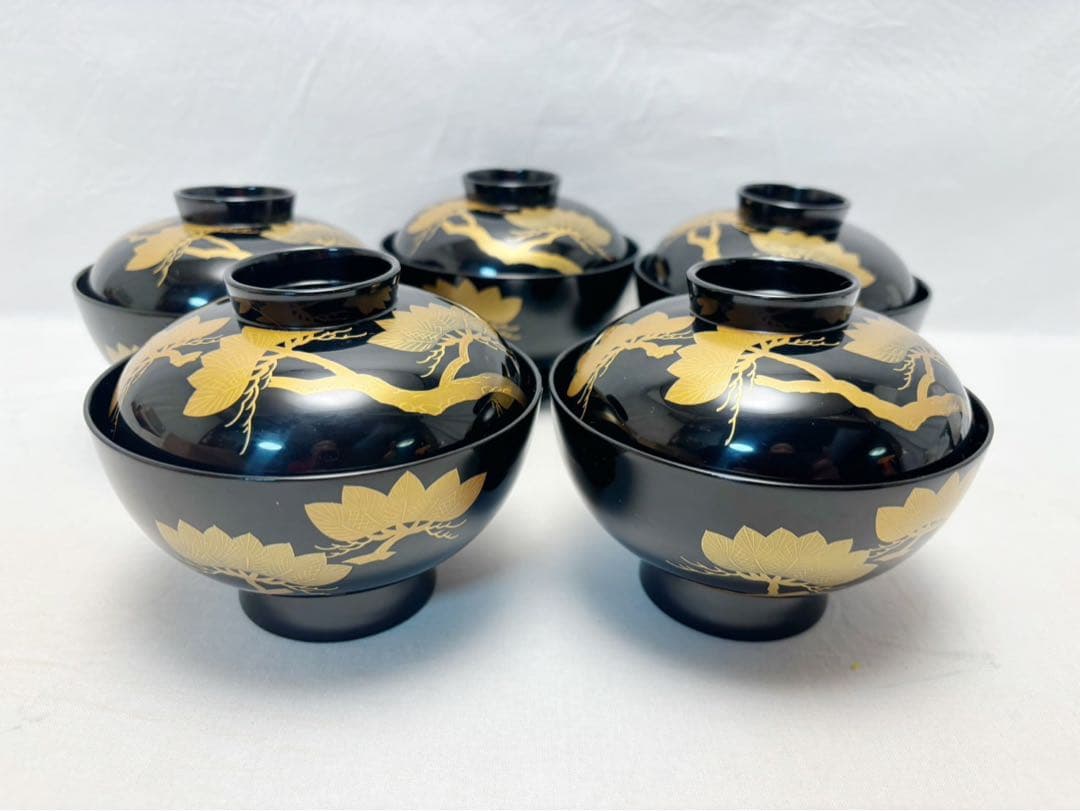未使用 懐石道具 木製黒真塗り 本堅地 松蒔絵 吸物椀 5客揃え 和食器 共箱