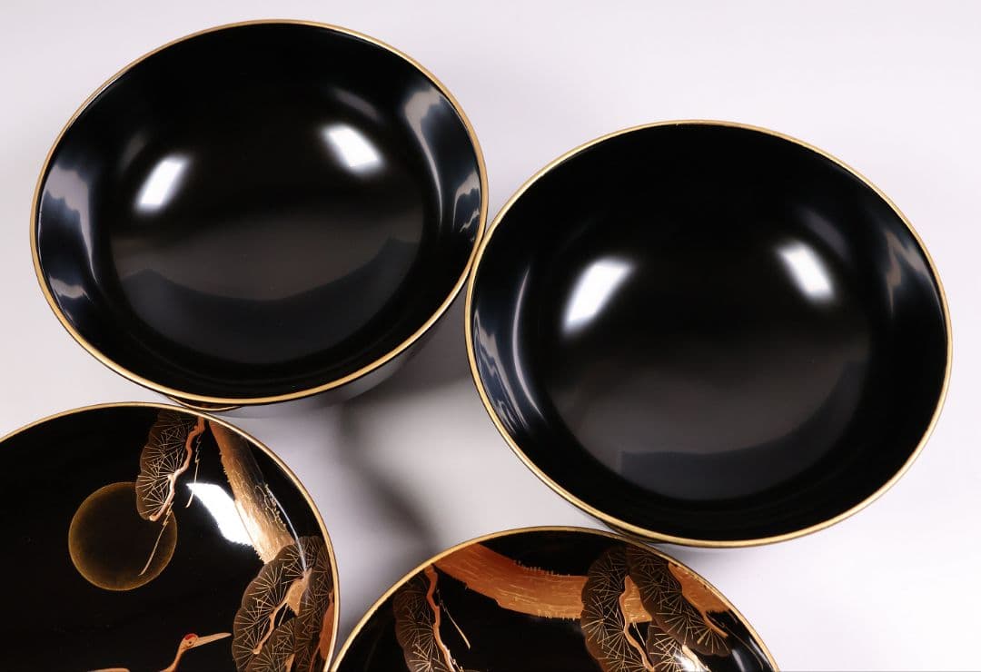 【CM377】大正期 月と松 飛翔鶴 金蒔絵 欅地溜塗 黒塗 椀二客 木製漆器