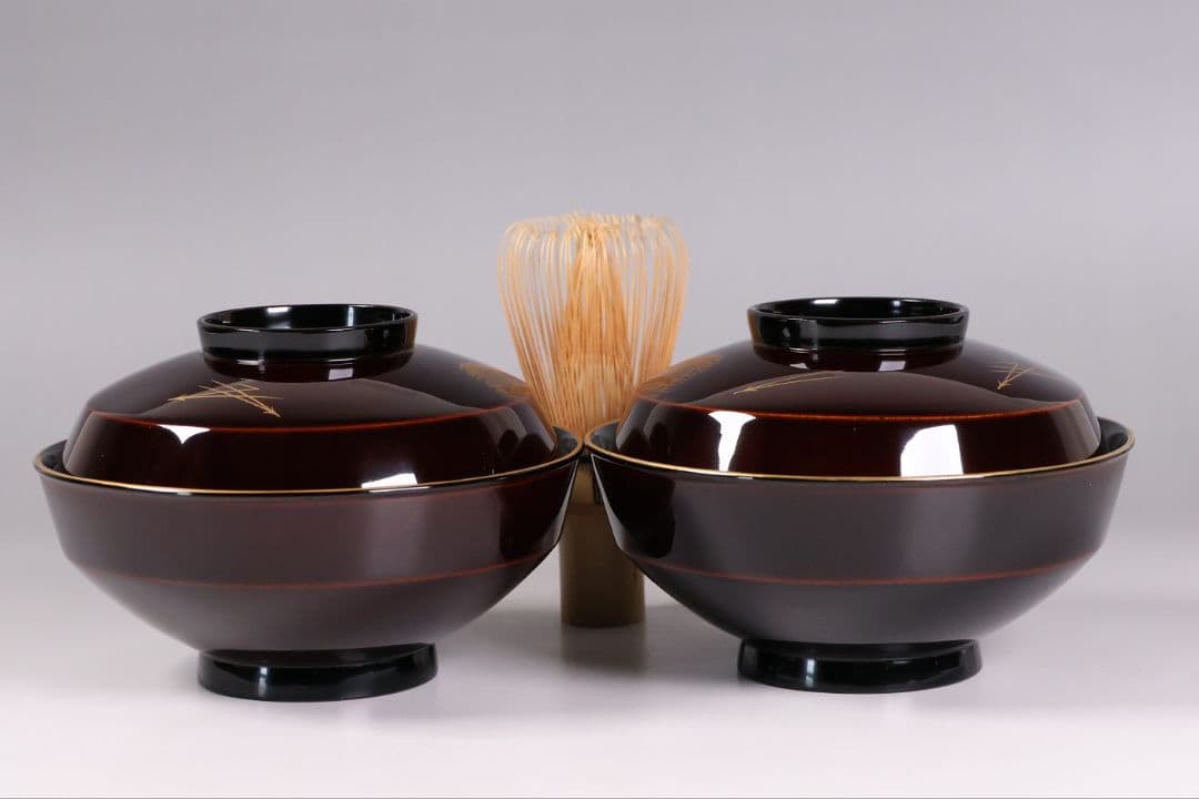 【CM377】大正期 月と松 飛翔鶴 金蒔絵 欅地溜塗 黒塗 椀二客 木製漆器