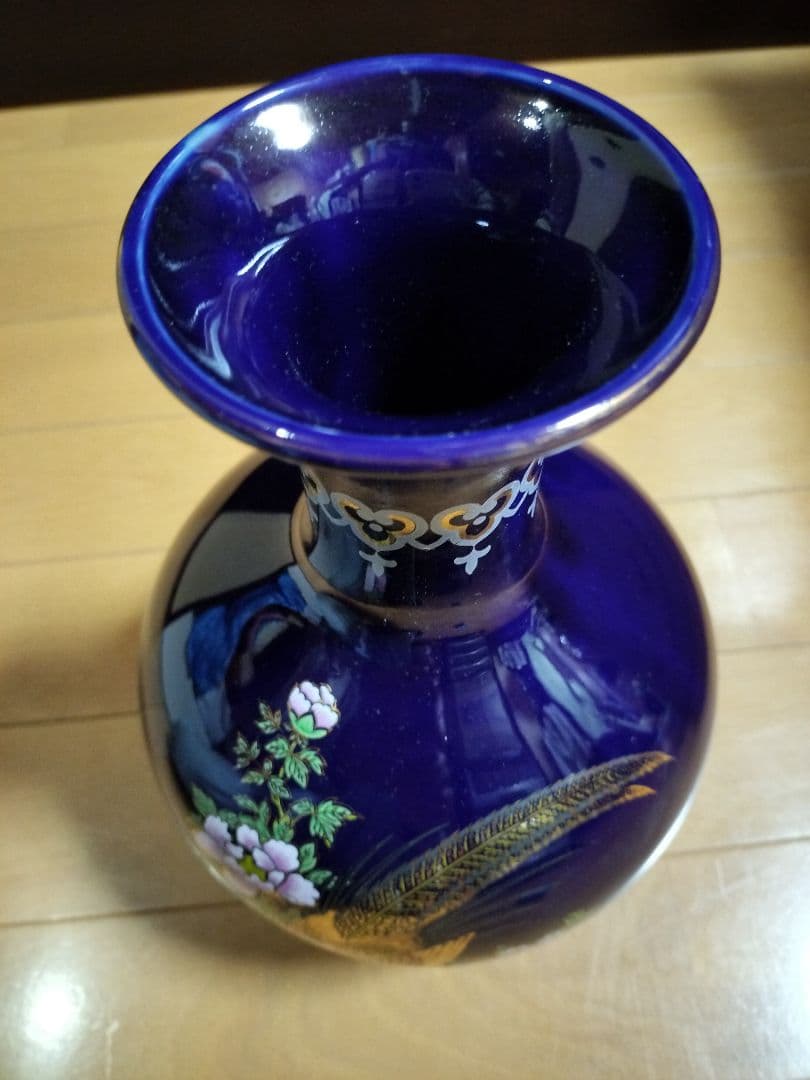 濃紺の金箔装飾陶器花瓶 キジの雄雌と花柄 花瓶 九谷焼