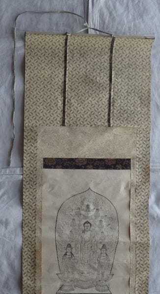 アンティーク 善光寺 一光三尊阿弥陀如来像 阿弥陀如来 観音菩薩 紙本 掛軸