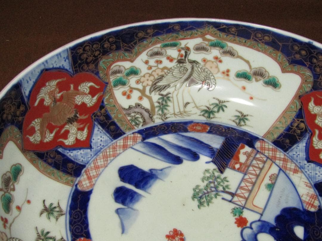 【染錦　割絵山水・立鶴図　大小鉢　２点】古伊万里