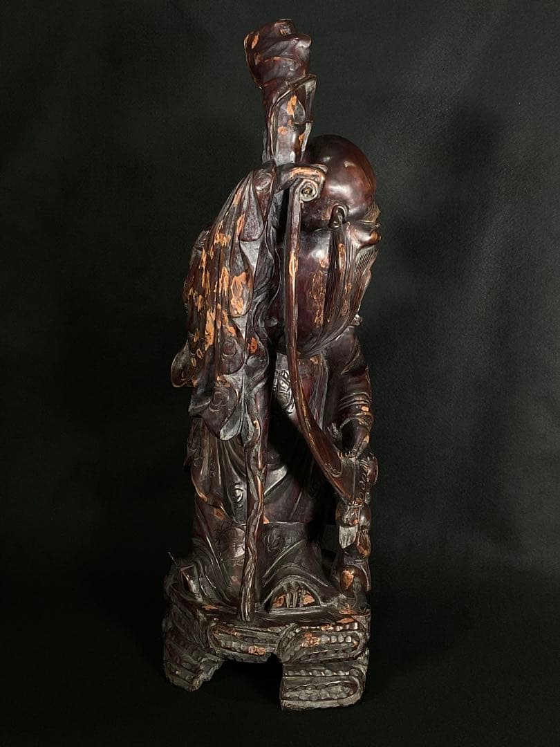 時代木彫　桃仙人　寿比南山 福如東海　寿老人　置物　中国美術　高さ約62cm