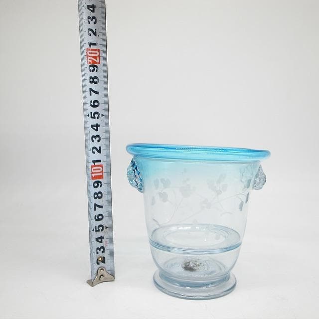 大正ガラス　水色縁　アイスペール　氷入れ　花器