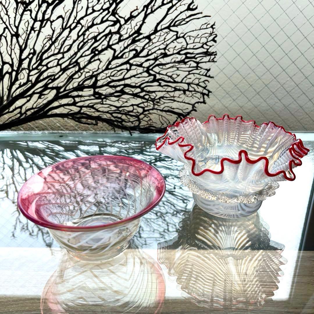 骨董　時代ガラス　超希少　金赤フチ　反り口　澤瀉紋　氷コップ　氷鉢　ウランガラス