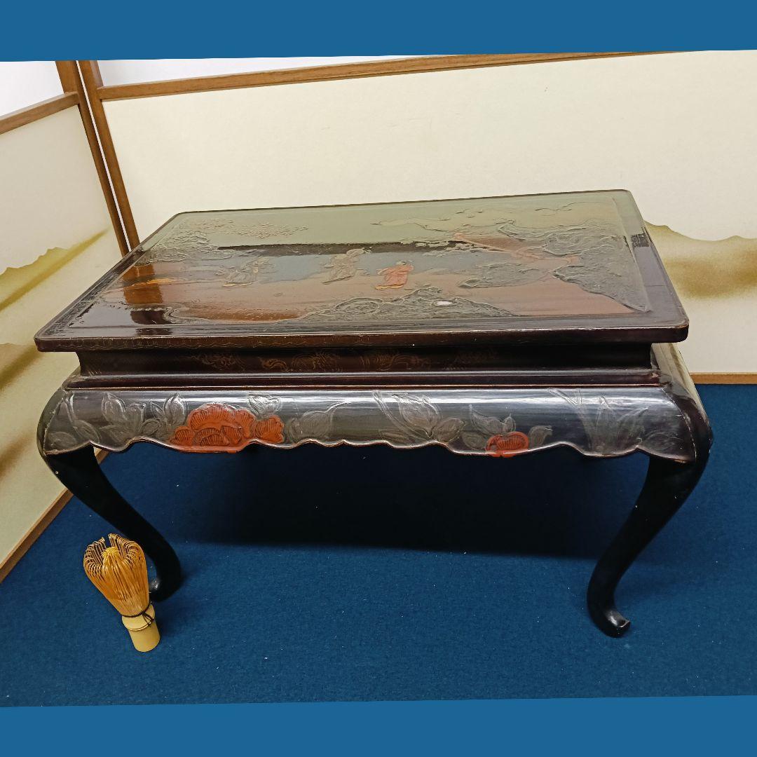 金燕AN18 時代物 木製漆 平卓 漆絵巻 螺鈿 花台 香炉台 盆栽台 高