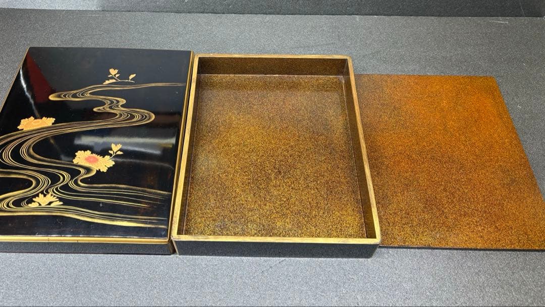 【時代物】金彩細密花蒔絵 硯箱 内梨地 木胎漆器 骨董 共箱付