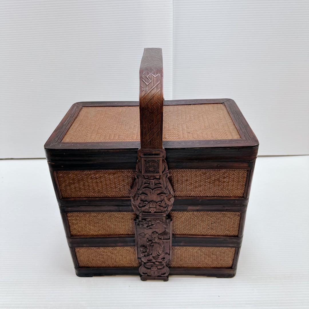 【煎茶道具】提籃籠 人物彫 提手 竹編 古美術 骨董