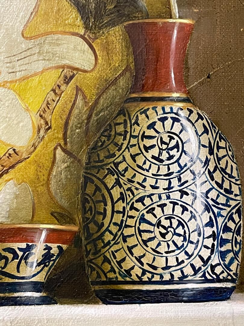 「真作」西村有史「九谷辛夷文輪花皿」静物画　油彩画　額装　サイン有り　F8号