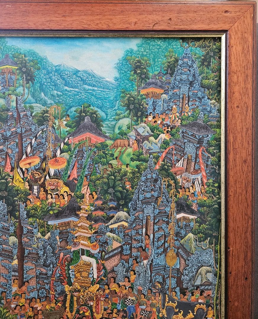 バリの風景 油彩画 PADE KETUT BONGKASO　 寺院お祭り図　額装