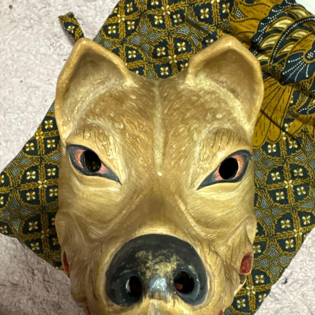 木製犬面 能面 伝統的装飾付き　狐