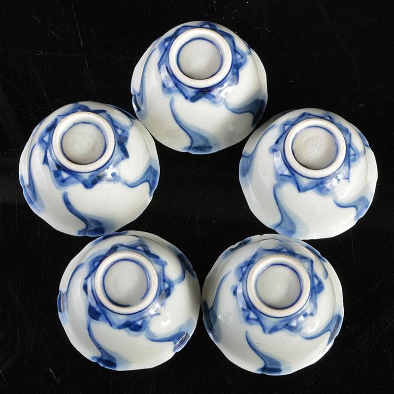 永楽善五郎造　染付　捻り文　煎茶碗　五客　時代箱付　V　R5390