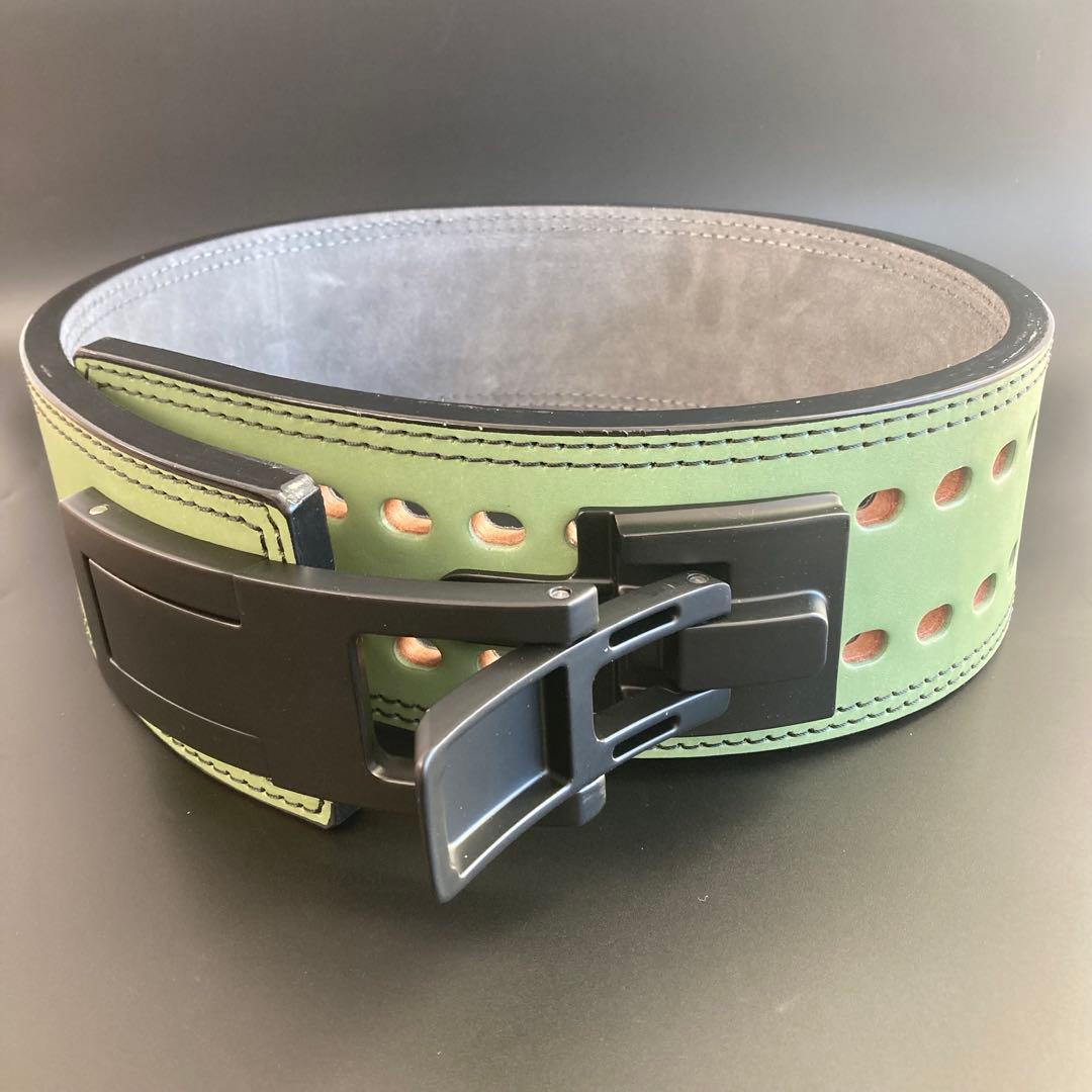 パワーベルト レバーアクション Sサイズ ワンタッチ可変式 本革 緑 黒ステッチ