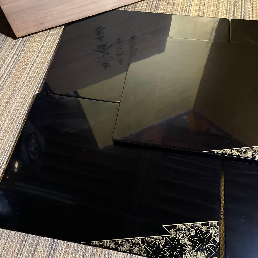 たくろう美品　輪島塗 沈金黒塗 点心盆 卓上膳 5客 共箱 共布付