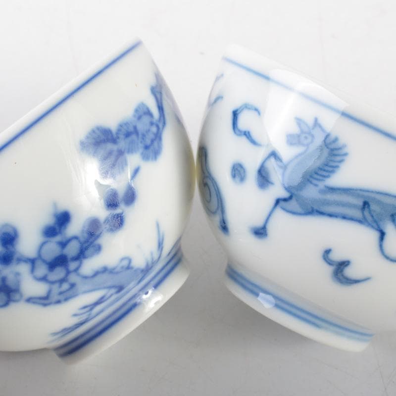 煎茶道具　賣茶好　染付　絵変　干支　煎茶碗　五客　共箱　V　6543