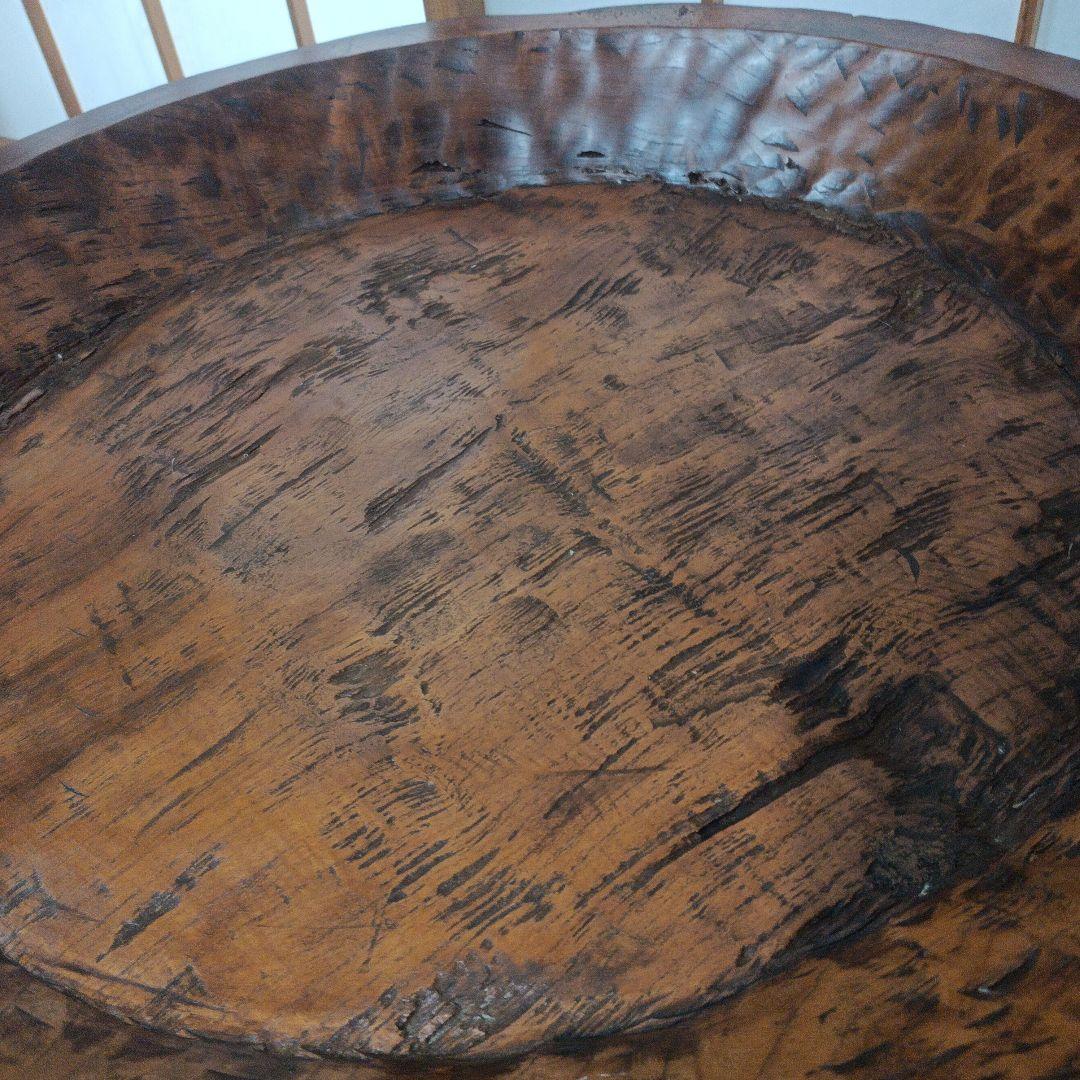 希少　古民家蔵出し品　天然木　座卓　丸テーブル　手彫り　ガラス板付き