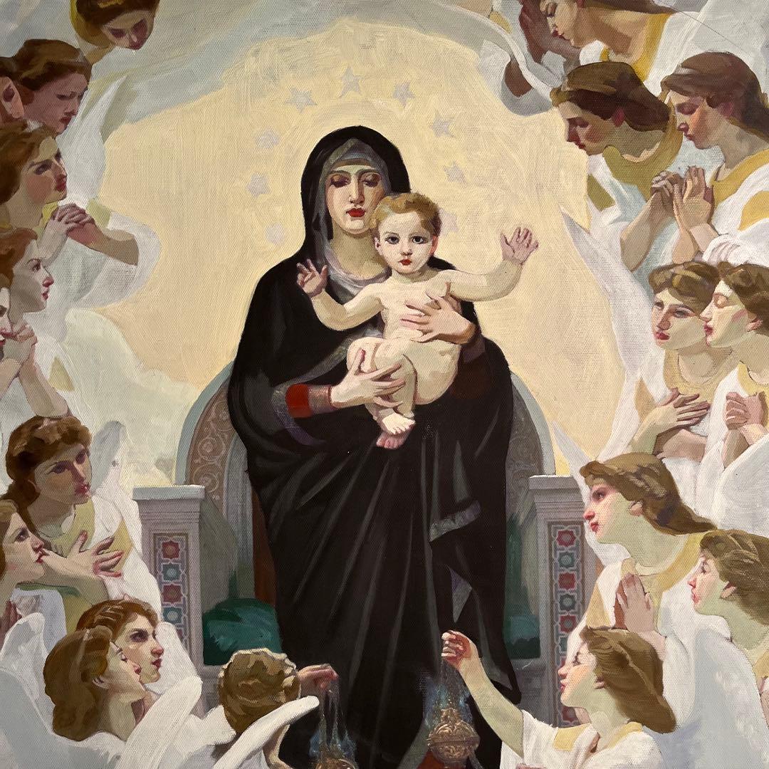 手書き油絵 ブグロー 天使と聖母絵画 額付き インテリア 油彩画