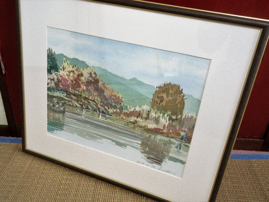 水彩画「相模川の紅葉」