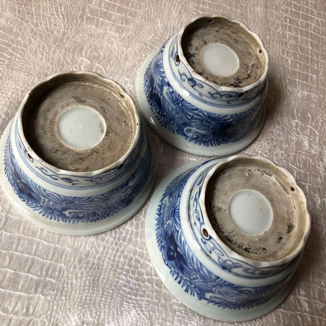 古伊万里 染付 花唐草文鉢　３客　江戸後期