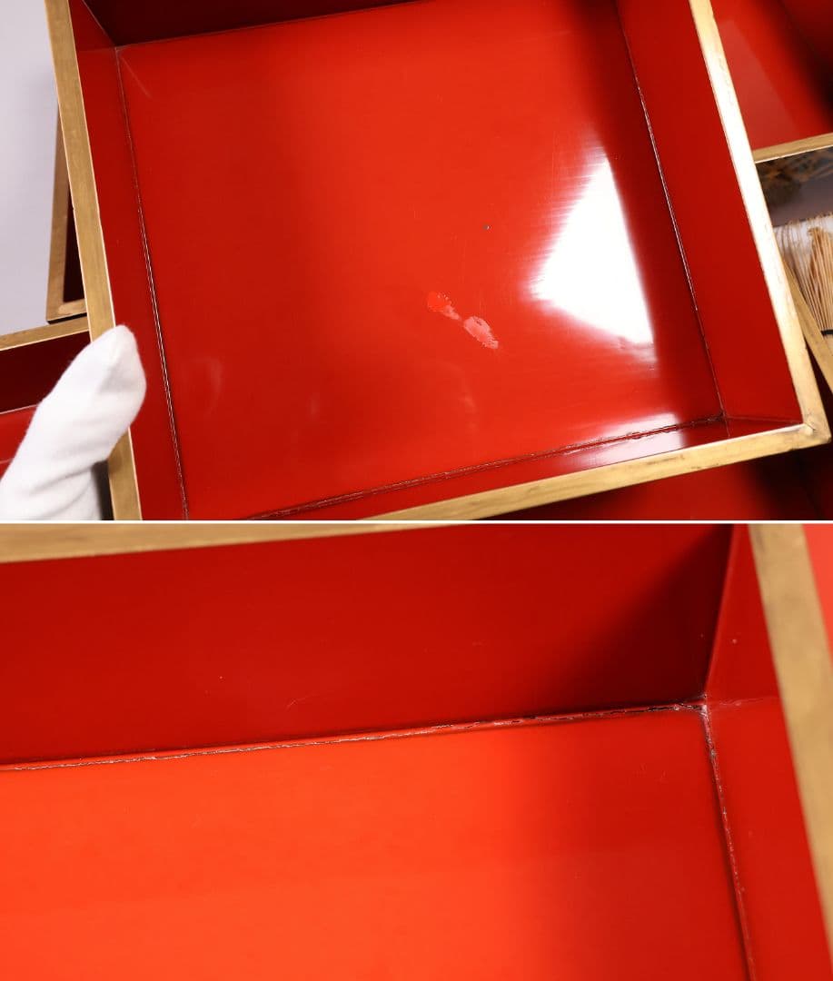 【MB207】時代漆芸 絵変金蒔絵 五段重箱 蓋二枚 小紋 梨地 内朱塗 天然木