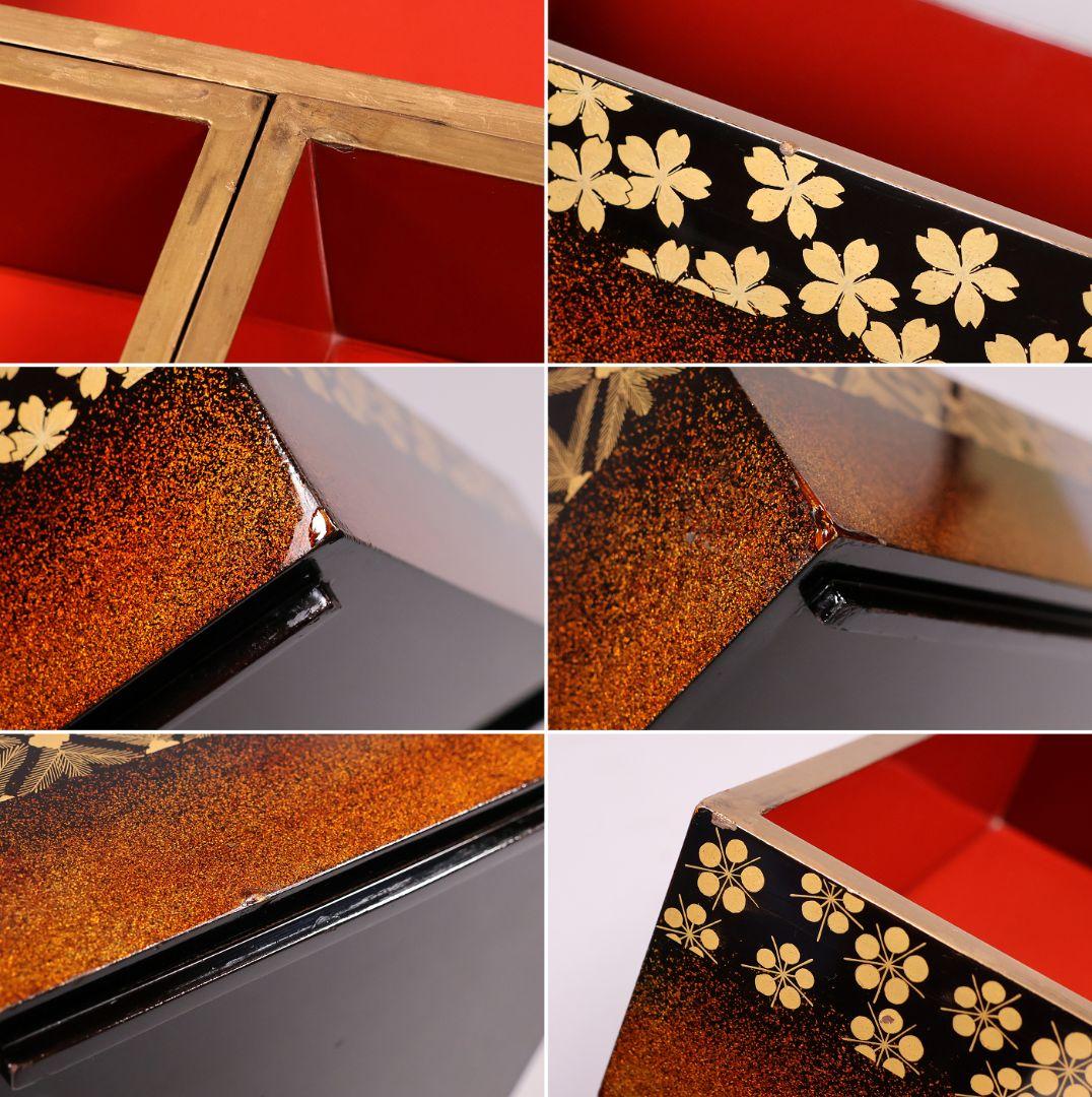 【MB207】時代漆芸 絵変金蒔絵 五段重箱 蓋二枚 小紋 梨地 内朱塗 天然木