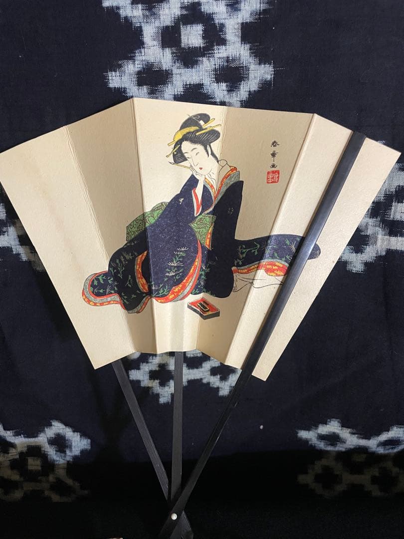 勝川春章　美人図　浮世絵　センス扇子　扇子置き付き　宮脇賣扇庵 直筆画　名あり