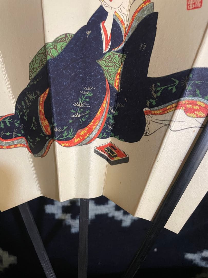勝川春章　美人図　浮世絵　センス扇子　扇子置き付き　宮脇賣扇庵 直筆画　名あり