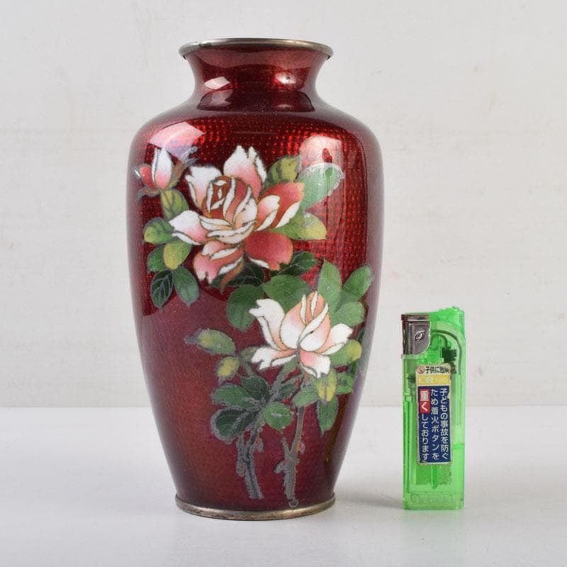 七宝焼　赤透釉　花文　花瓶　V　9018