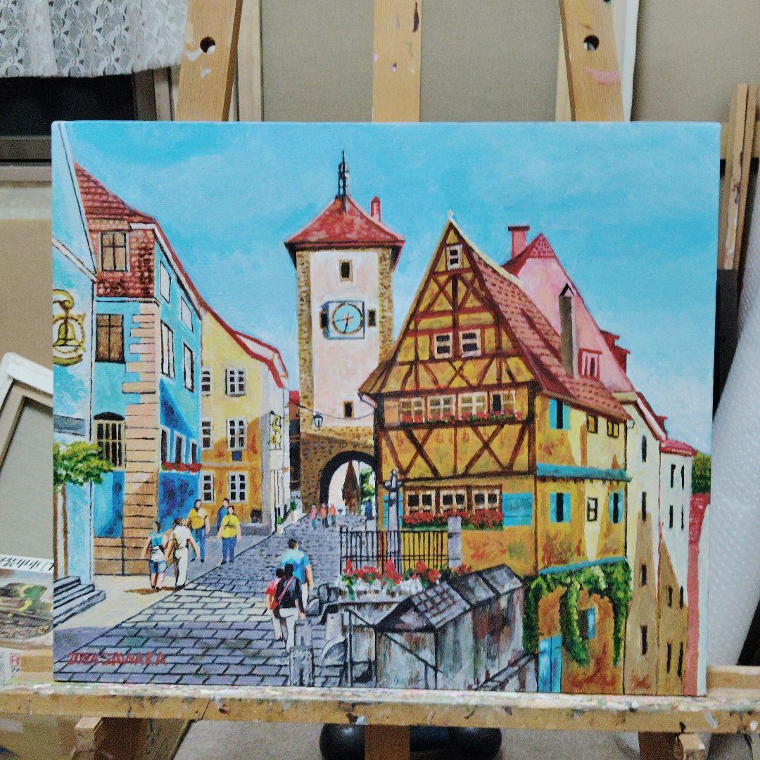 初夏、夕方のドイツ、ローテンブルク、F10号のアクリル画、佐原聖春