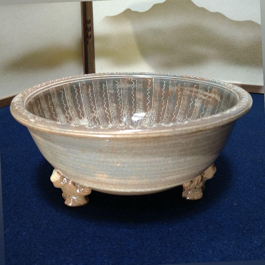 AH50 三島窯 音右衛門造 足付脚付菓子器 唐子 三島焼 菓子器 木箱入茶道具