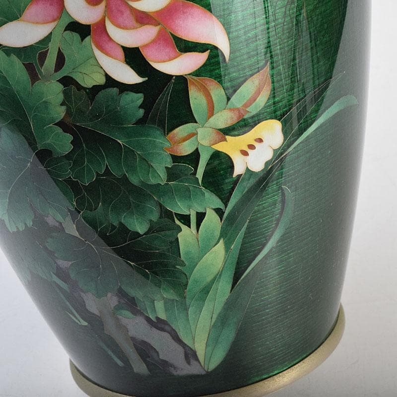 七宝焼　安藤七宝店　緑透釉　四君子文　花瓶　唐木台付　共箱　M　R9508