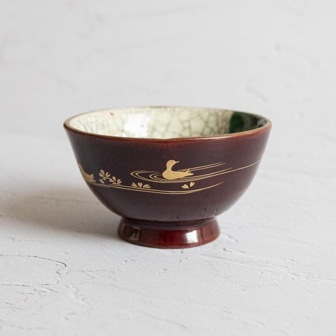 豊楽焼 大喜豊助 造 ぐい呑み 箱付き｜豊樂 水鳥 鴨 蒔絵 木具写 骨董